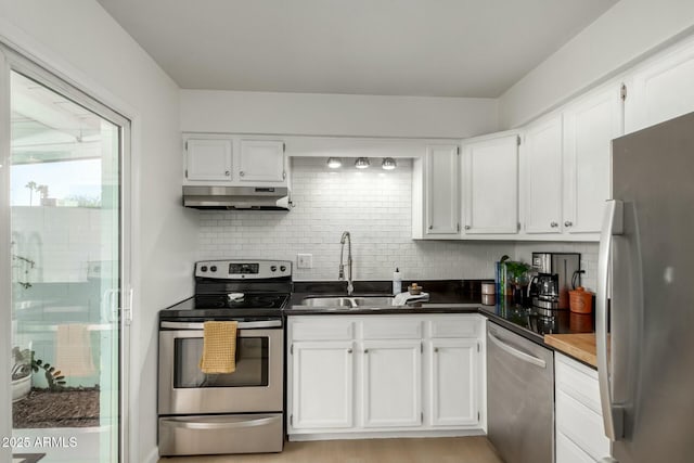 kitchen with backsplash, stainless steel appliances, sink, and white cabinets