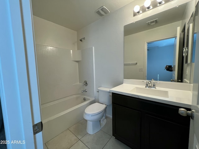 full bath featuring visible vents, toilet, tile patterned flooring, vanity, and shower / washtub combination