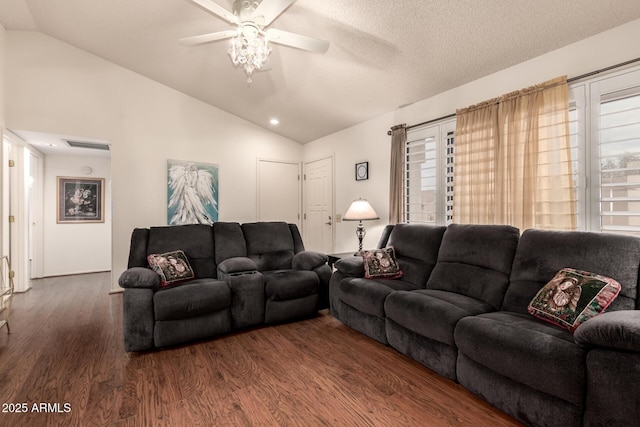 living room with visible vents, ceiling fan, recessed lighting, wood finished floors, and vaulted ceiling