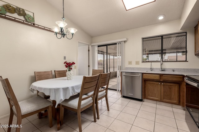 dining room with light tile patterned floors, recessed lighting, an inviting chandelier, and vaulted ceiling