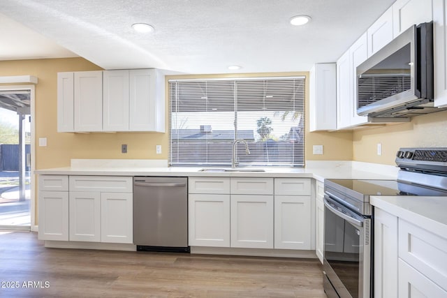 kitchen featuring white cabinets, appliances with stainless steel finishes, light hardwood / wood-style flooring, and plenty of natural light