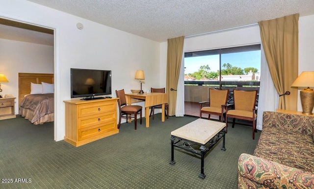 carpeted living room featuring a textured ceiling