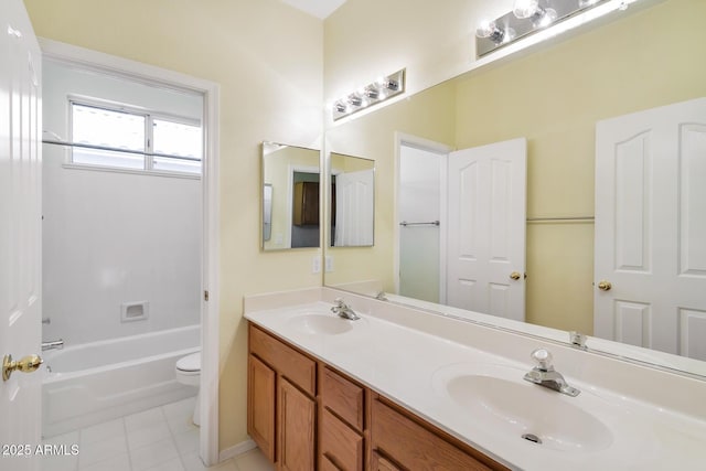 bathroom featuring tile patterned flooring, double vanity, toilet, and a sink