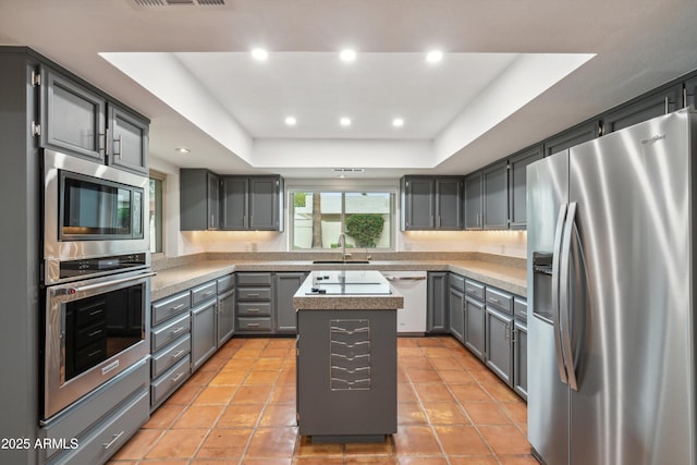 kitchen with a sink, gray cabinets, appliances with stainless steel finishes, and a raised ceiling