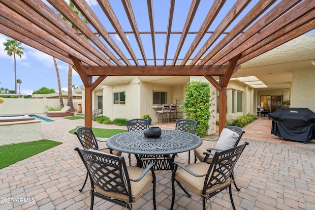 view of patio / terrace featuring a grill, a pergola, outdoor dining space, fence, and a fenced in pool