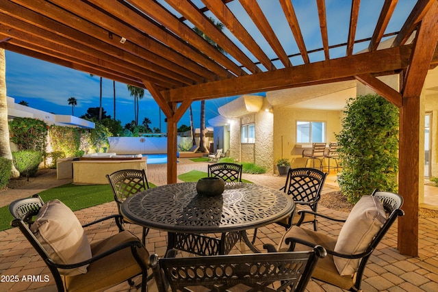view of patio with outdoor dining space, a pergola, and a fenced in pool