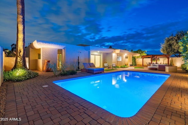 view of swimming pool featuring an outdoor living space, a pergola, a fenced in pool, and a patio area