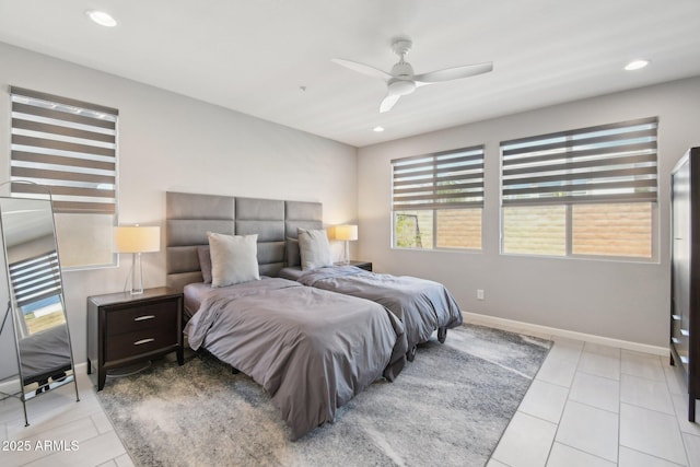 bedroom with recessed lighting, baseboards, a ceiling fan, and light tile patterned floors