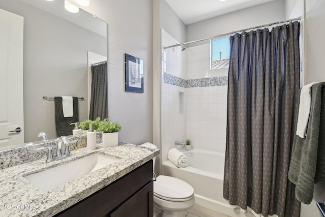 bathroom with toilet, vanity, and shower / bathtub combination with curtain