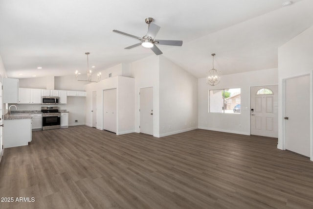1727 W 12th Ave, Apache Junction, AZ 85120 - unfurnished living room with a chandelier, ceiling fan, high vaulted ceiling, dark wood-style flooring, and recessed lighting