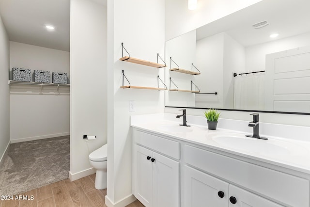 bathroom featuring a shower with curtain, vanity, and toilet