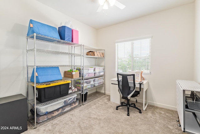 carpeted office space featuring ceiling fan