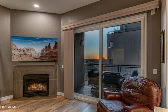 interior space with a tiled fireplace and light hardwood / wood-style floors