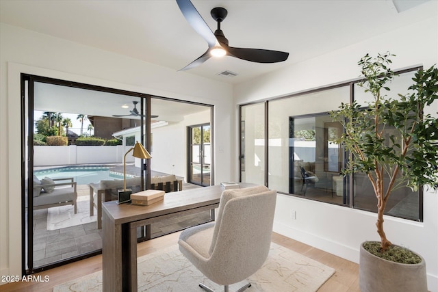 office space with ceiling fan, visible vents, and light wood-style floors