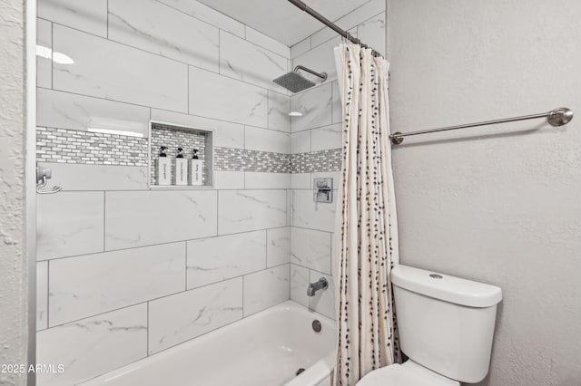 full bath featuring shower / bath combination with curtain and toilet