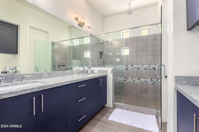 bathroom featuring wood-type flooring, a shower with shower door, and vanity