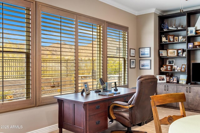 office space with built in features, wood finished floors, and ornamental molding