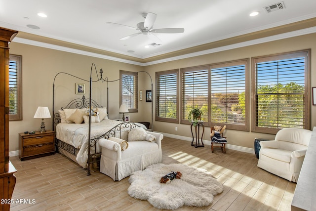 bedroom featuring visible vents, baseboards, recessed lighting, light wood-style floors, and crown molding