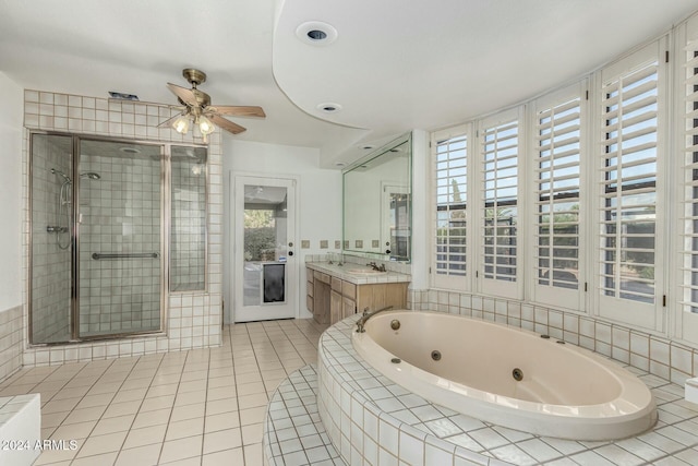 bathroom featuring separate shower and tub, ceiling fan, tile patterned flooring, and vanity