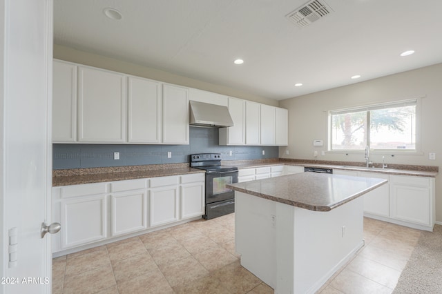 kitchen featuring black range with electric stovetop, sink, a kitchen island, white cabinets, and range hood