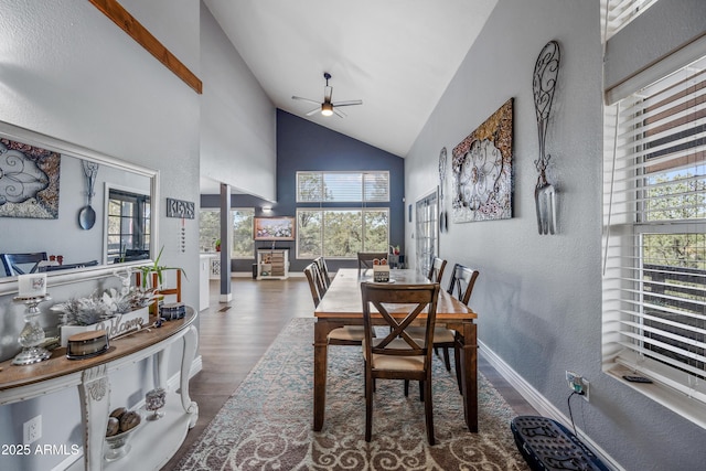 dining space with a healthy amount of sunlight, baseboards, wood finished floors, and ceiling fan