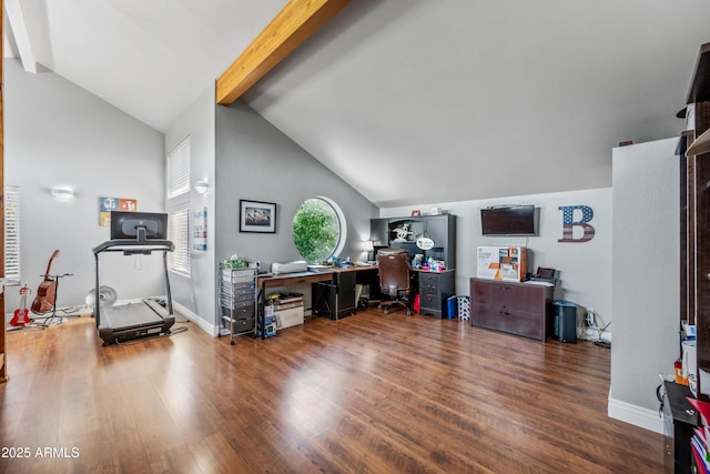 office featuring wood finished floors, beamed ceiling, baseboards, and high vaulted ceiling