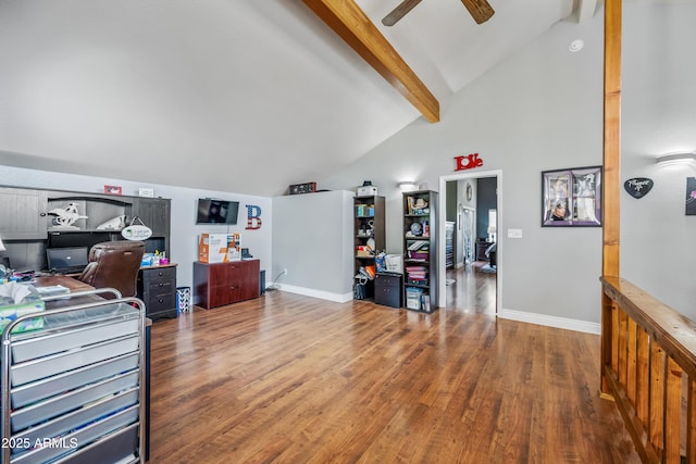 bedroom featuring beam ceiling, baseboards, high vaulted ceiling, and wood finished floors