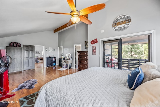 bedroom with access to exterior, high vaulted ceiling, ceiling fan, and wood finished floors