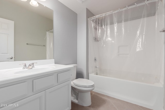 full bathroom featuring vanity, tile patterned floors, shower / bath combo, and toilet