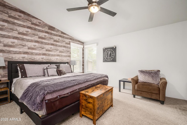 bedroom featuring carpet flooring, ceiling fan, and lofted ceiling