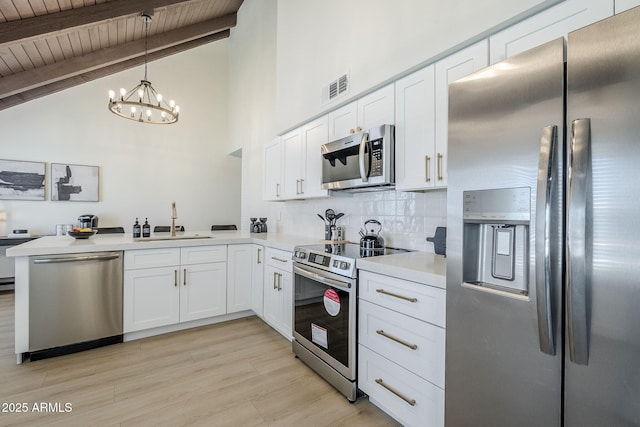1021 S Almar Cir, Mesa, AZ 85204 - kitchen with appliances with stainless steel finishes, a sink, wood ceiling, a chandelier, and backsplash