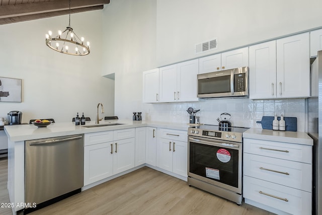 1021 S Almar Cir, Mesa, AZ 85204 - kitchen with stainless steel appliances, a sink, a peninsula, high vaulted ceiling, and tasteful backsplash