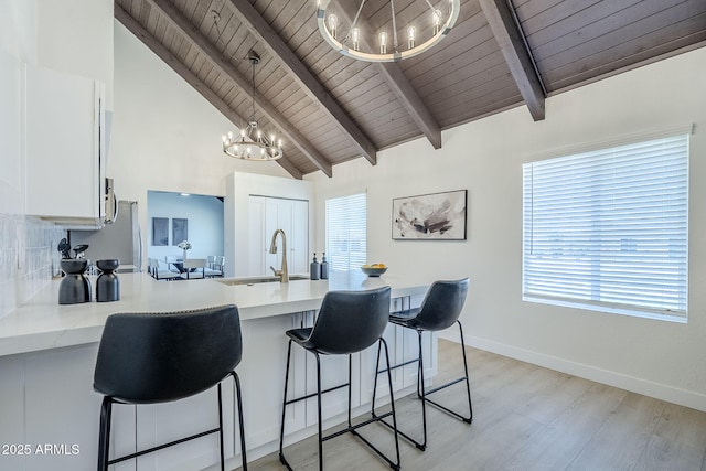 1021 S Almar Cir, Mesa, AZ 85204 - kitchen featuring a chandelier, wooden ceiling, a sink, a peninsula, and white cabinets