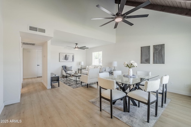 1021 S Almar Cir, Mesa, AZ 85204 - dining room featuring a ceiling fan, high vaulted ceiling, baseboards, light wood-style floors, and beamed ceiling