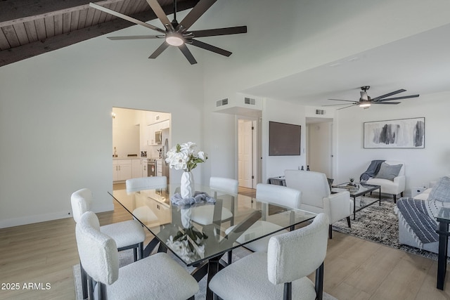 1021 S Almar Cir, Mesa, AZ 85204 - dining room featuring a ceiling fan, light wood-style flooring, beam ceiling, high vaulted ceiling, and baseboards