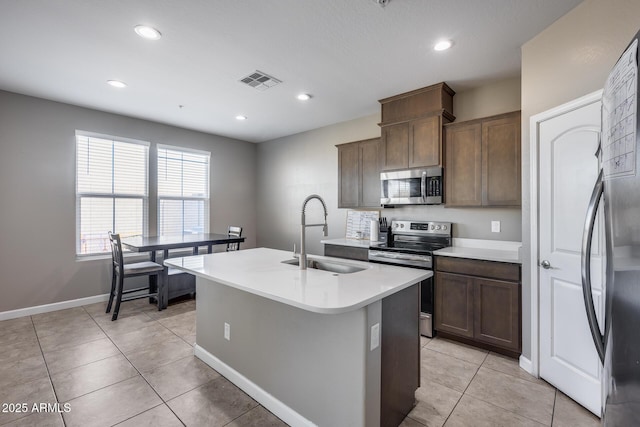 kitchen with visible vents, a sink, light countertops, appliances with stainless steel finishes, and a kitchen island with sink