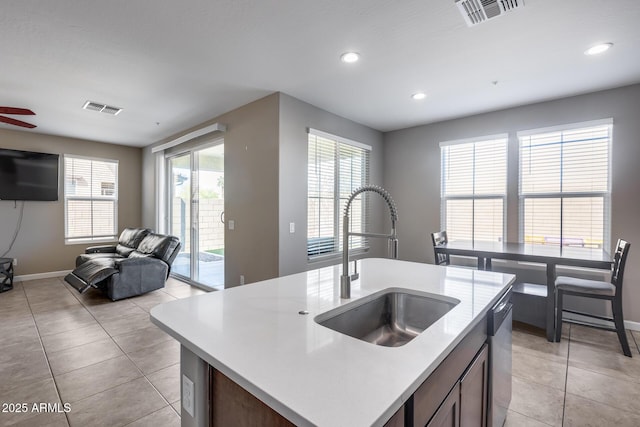 kitchen featuring a sink, visible vents, a healthy amount of sunlight, and open floor plan