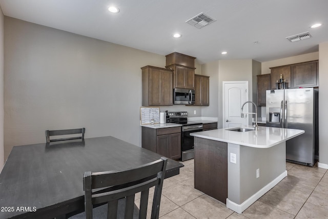 kitchen with dark brown cabinetry, visible vents, appliances with stainless steel finishes, and a sink