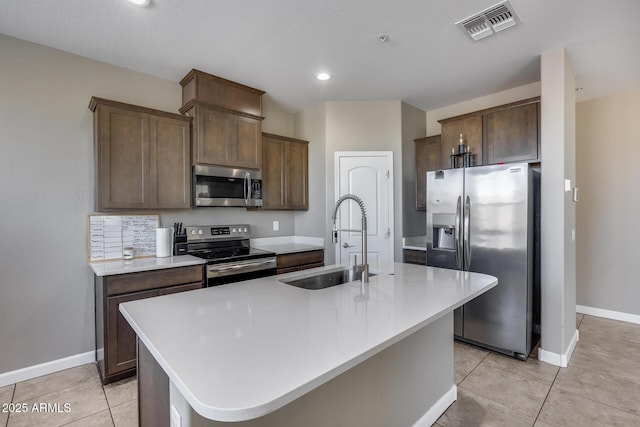 kitchen featuring visible vents, a kitchen island with sink, a sink, stainless steel appliances, and light countertops