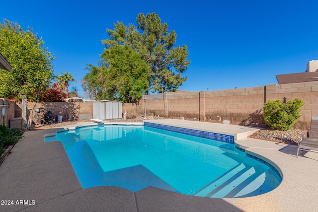 view of swimming pool featuring a diving board and a storage shed