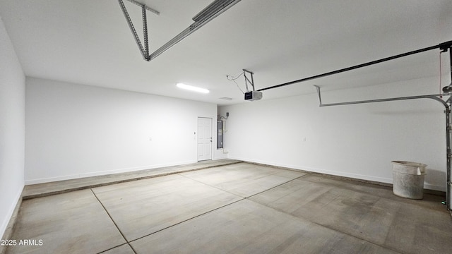 garage with a garage door opener, water heater, and baseboards
