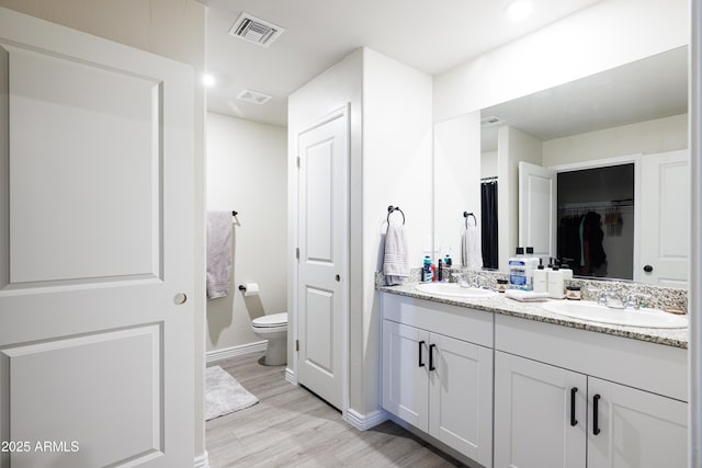 1635 W Cottonwood Bluffs Dr, Benson, AZ 85602 - bathroom with double vanity, wood finished floors, toilet, baseboards, and recessed lighting
