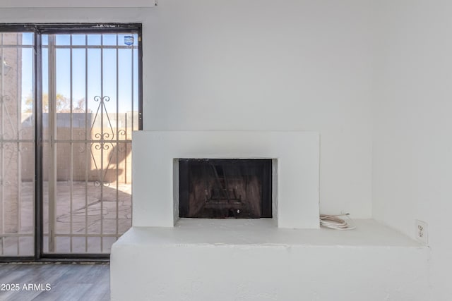 interior details featuring a fireplace with raised hearth and wood finished floors