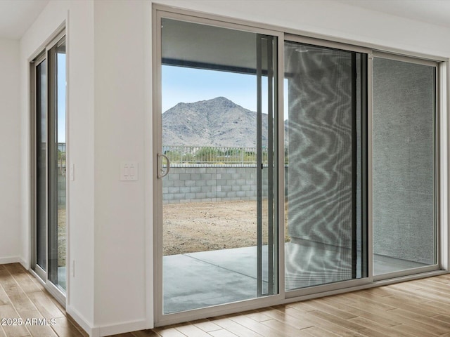 doorway featuring a mountain view, wood finished floors, healthy amount of natural light, and baseboards