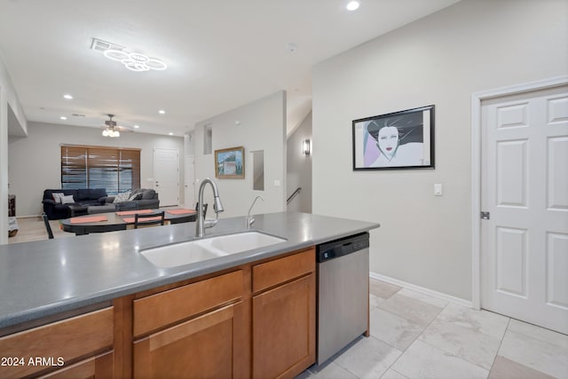 kitchen with stainless steel dishwasher, ceiling fan, and sink