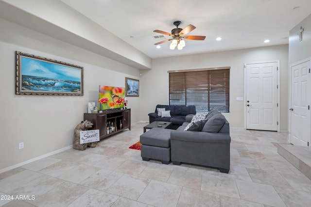 living room with ceiling fan