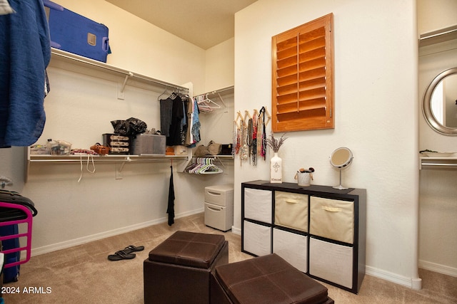 spacious closet featuring light carpet