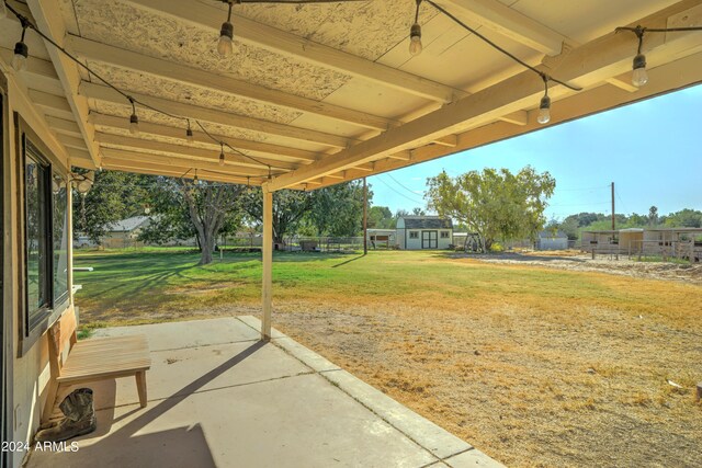 view of patio featuring a shed