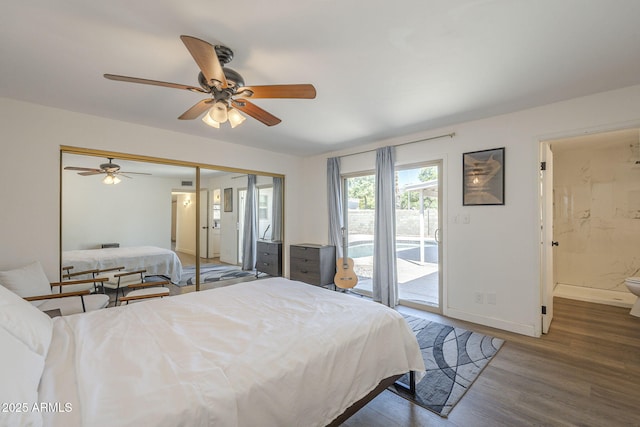 12234 S Pewaukee St, Phoenix, AZ 85044 - bedroom with access to outside, wood finished floors, a ceiling fan, and connected bathroom