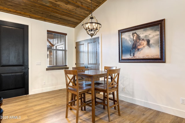 dining room featuring a notable chandelier, wood ceiling, vaulted ceiling, wood finished floors, and baseboards